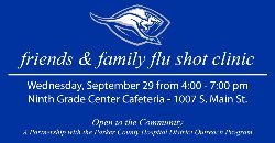 Royal blue background with Kangaroo Logo | Details for the Friends and Family Flu Shot Clinic to be held on Wednesday, September 28, 2022 from 4-7 pm at the Ninth Grade Center located at 1007 S. Main Street. 
